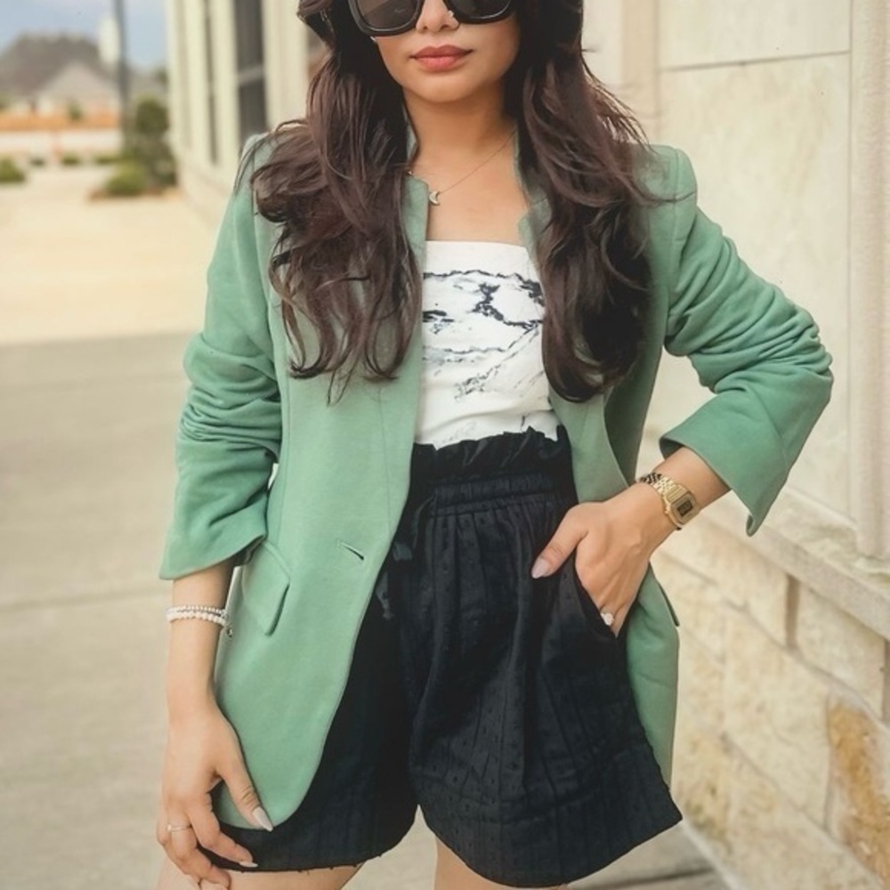 ZARA Women’s SS23 MID-GREEN LINEN BLEND Oversized BLAZER SIZE S